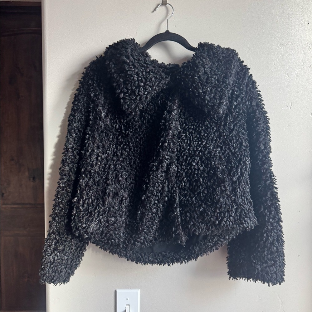 Black Textured Teddy Fur Bomber Y2K Eclectic Grandma Jacket Chic Bishop+Young M